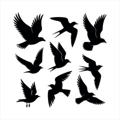Vector art of a collection of black bird silhouettes in various flying poses