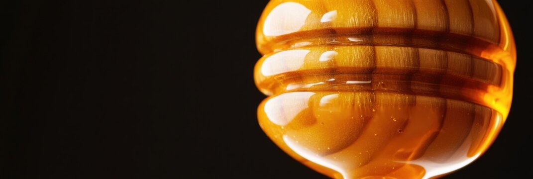 Delicious golden honey drips from a wooden dipper against a dark background showcasing its rich texture and natural sweetness