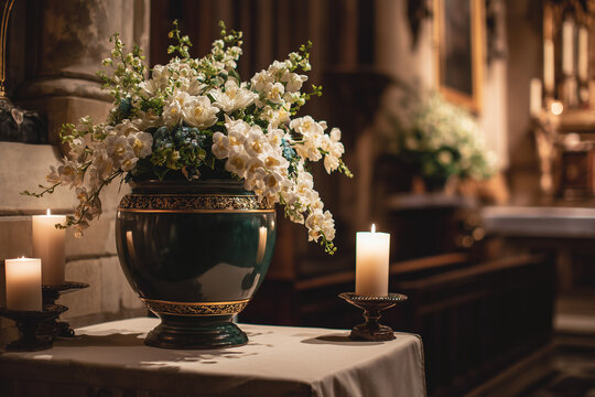 Elegante arreglo floral con rosas y orqu&iacute;deas blancas en jarr&oacute;n verde con detalles dorados, acompa&ntilde;ado de velas encendidas. Escenario ideal para ceremonias religiosas, bodas o eventos solemnes.