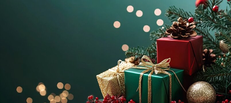 Elegant Christmas Mood with Evergreen Decorations and Sparkling New Year Present Background Design
