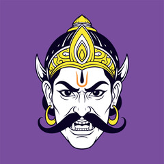Fearsome portrait vector illustration of the Hindu demon king Ravan with an ornate crown, piercing eyes, and a massive mustache on a vibrant purple background.