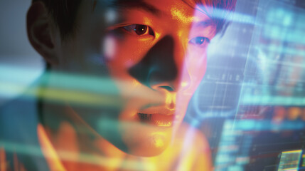 College student using virtual AI artificial intelligence technology & machine learning. Interactive technology in uni classroom. Innovation & smart tech. AI hologram in education & gaming. futuristic	