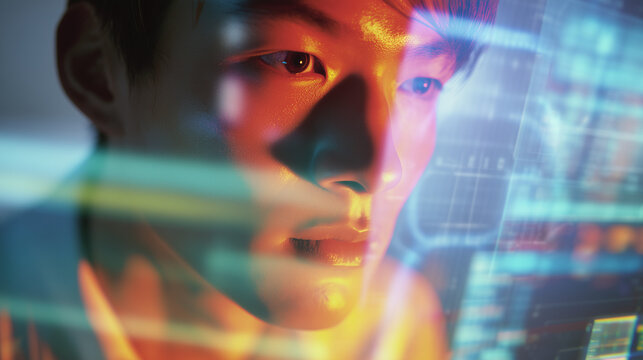 College student using virtual AI artificial intelligence technology & machine learning. Interactive technology in uni classroom. Innovation & smart tech. AI hologram in education & gaming. futuristic	