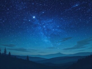 A breathtaking view of a starry night sky over tranquil mountains, showcasing countless stars twinkling against a deep blue backdrop.