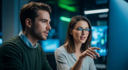 Focused business professionals collaborating intensely on a complex project, brainstorming innovative solutions in a modern, high-tech environment