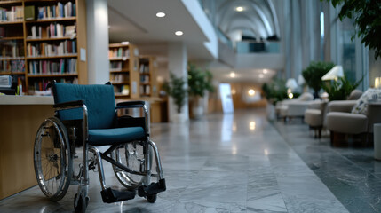 A modern wheelchair is positioned on sleek marble flooring in an elegant library setting, representing accessibility and the importance of inclusion in educational spaces.