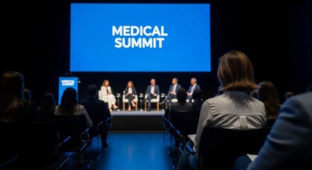 Engaged audience observes professional panel discussing advancements at a modern medical summit presentation