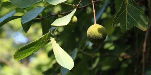 Obraz premium Breadfruit hanging from tree branch with green leaves