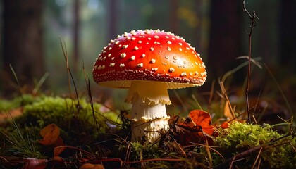 Vibrant Red Mushroom with White Dots in a Forest Setting