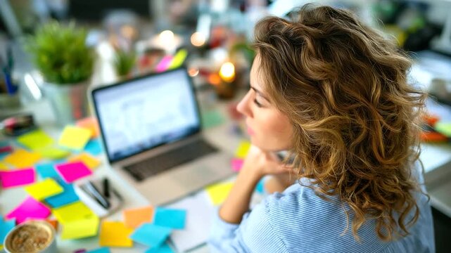 Remote worker in a bright home office, managing a virtual project on a laptop with sticky notes, remote work project management, digital nomad home setup, virtual collaboration too