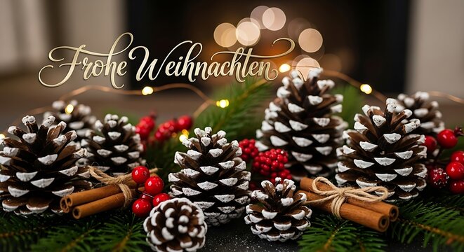 Frohe weihnachten decoration with pine cones and cinnamon sticks on table