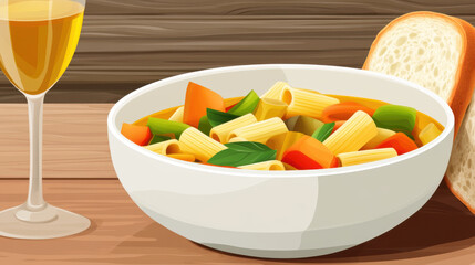 Artistic Still Life Illustration of Pasta Soup with Bread and Wine Glass