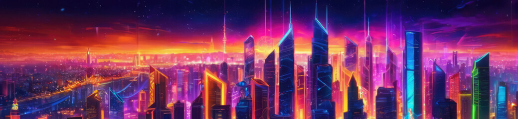Epic cyberpunk metropolis panorama painted with fiery orange and electric purple