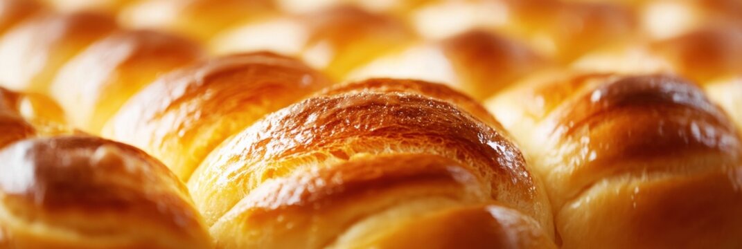 Freshly baked bread rolls with golden crust arranged neatly on a baking tray after cooling in a warm kitchen during morning hours