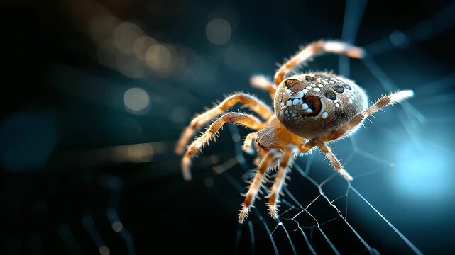 Spider hangs delicately in its web, displaying intricate body patterns and textures against a dark backdrop, under gentle night light, highlighting detailed design and eerie contra