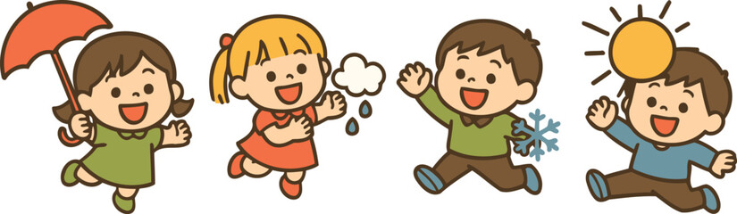 Cute cartoon vector of children exploring weather and seasons: umbrella for rain, cloud with drops, snowflake for cold, and bright sun; cheerful group for preschool educational materials.