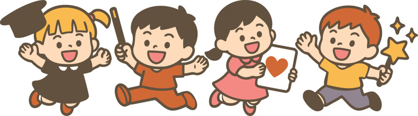 Cheerful cartoon vector of children celebrating achievements: a graduate with cap, a child with magic wand, a girl holding a heart poster, and a boy with star sparkles; ideal for school materials.