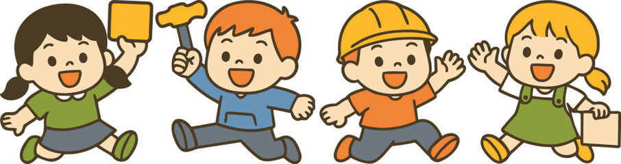 Cute cartoon vector of children in safety and construction play, holding placard, toy hammer, hard hat, and clipboard; cheerful group scene for preschool posters and educational materials.