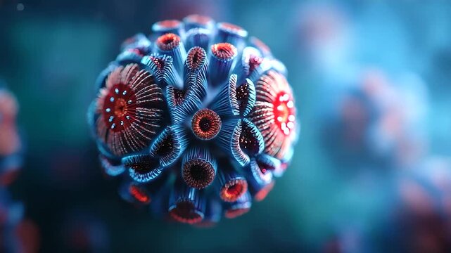 Virus structure highlights intricate blue and red details, showcasing its complex design and biology, under gentle scientific light, emphasizing detailed patterns and color contras
