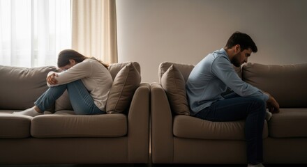 Husband and wife sitting apart on couch with heads down, illustrating relationship problems, marital discord, arguments, and potential separation or divorce, conveying emotional distance and sadness .