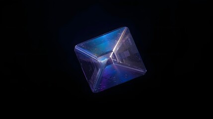 3D render of an abstract iridescent cube glowing softly against a dark background.
