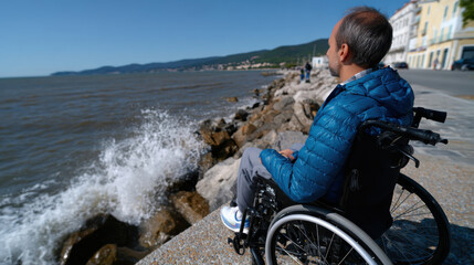 A contemplative man in a wheelchair gazes at the sea shore, reflecting on the waves and enjoying the peaceful coastal view that connects him with nature's beauty.