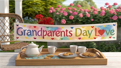 Grandparents day love banner with tea, cookies, and flowers in the background, celebrating family bonds and creating cherished memories together
