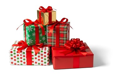Fototapeta premium Stack of colorful gift boxes isolated on white background for christmas