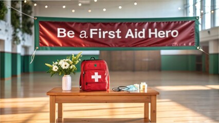 A first aid hero setup with a red medical bag, flowers, and a banner on a wooden table in a bright, open space with natural light