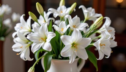 Elegant white flowers in a classic vase, a timeless floral arrangement, leaves, white flowers, summer flowers
