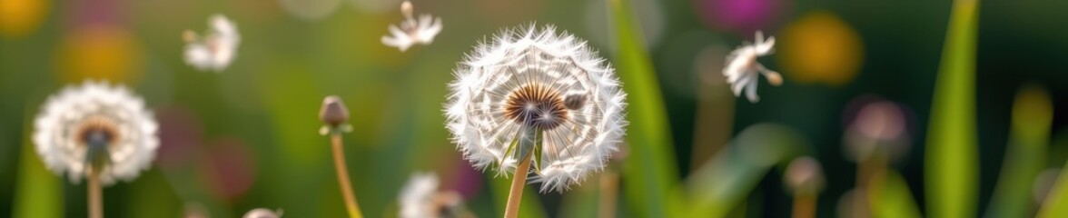 Fototapeta premium Fluffy dandelion seeds disperse on a breezy day, floating gently on the wind, outdoor, serene