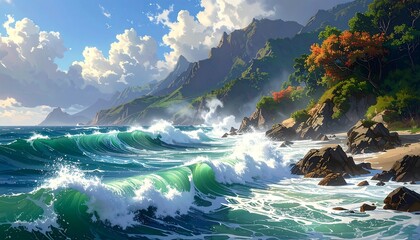 Stunning Ocean Waves Crashing Against a Mountainous Coastline under a Cloudy Sky