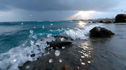 Obraz premium Serene waters gently lapping against the rocky shoreline, encapsulating the tranquility of the evolving landscape with captivating reflections and dramatic skies above.