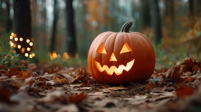 Spooky carved Halloween pumpkin glowing brightly with a warm smile on a path covered with many colorful autumn leaves in a dark forest at night with magical bokeh lights.