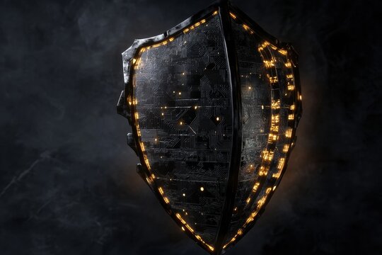 Digital shield concept with glowing circuitry design showcasing advanced technology and futuristic aesthetics