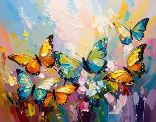 Colorful Oil Painting Depicting Several Butterflies in Flight