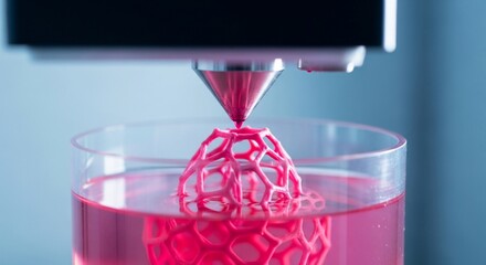 Innovative 3D printer creates intricate pink lattice structure, showcasing cutting edge manufacturing and advanced technology in a laboratory setting.