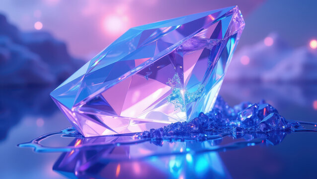 Large diamond gemstone with neon reflections on water