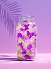 A glass jar filled with colorful flower petals, against a purple backdrop with a palm shadow