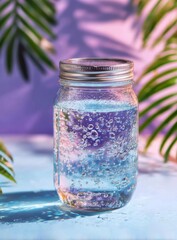 A clear glass jar filled with sparkling water against a tropical background