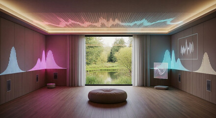 Modern media room with sound wave graphics on the walls and ceiling looking out onto lush nature scene blending technology and tranquility