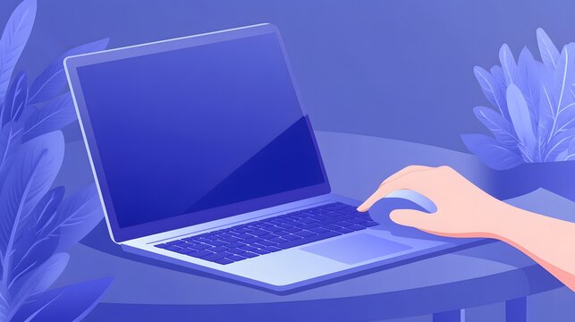 Blue themed illustration of hand using laptop, creative workspace concept