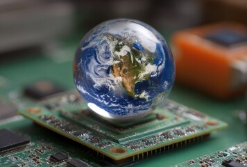 Miniature globe atop a circuit board, symbolizing technology's global impact and interconnectedness