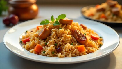 Saudi Kabsa isolated on a large white plate over a minimalist table, aromatic rice with chunks of meat, dried fruits, and spices delicately arranged