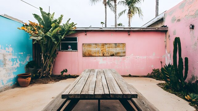 Rustic wooden picnic table in vibrant tropical courtyard scene