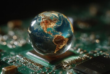 A globe image reflecting continents sits atop a circuit board with a dark background