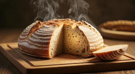 Rustic Hot Steaming Sourdough Bread Loaf Freshly Baked Artisan Bakery Food on Cutting Board