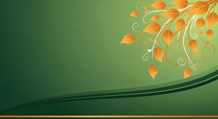 Autumn leaves vector background with green gradient and golden accents