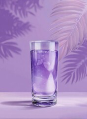 Tall glass of violet liquid reflects shadows, framed by foliage, on a purple surface
