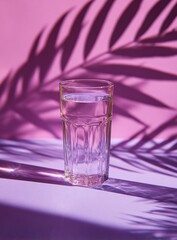 A clear glass of water on a purple surface with shadows of a palm leaf against pink backdrop